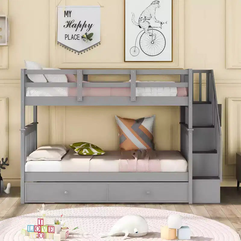 Whisen Letto a castello singolo su singolo con letto estraibile e scaletta, Spazio di archiviazione massimizzato