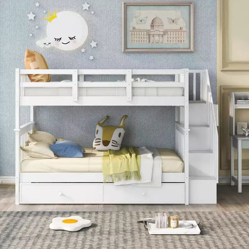 Whisen Letto a castello singolo su singolo con letto estraibile e scaletta, Spazio di archiviazione massimizzato