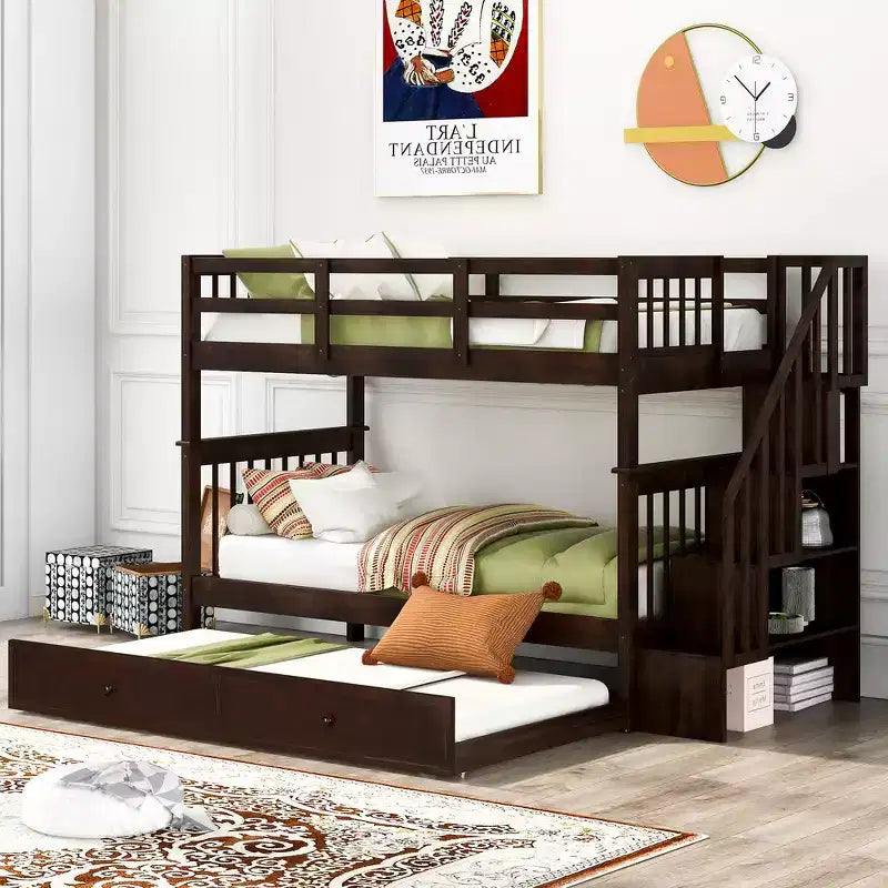 Whisen Twin-Over-Twin Bunk Bed with Trundle and Stairway, Maximized Storage Space