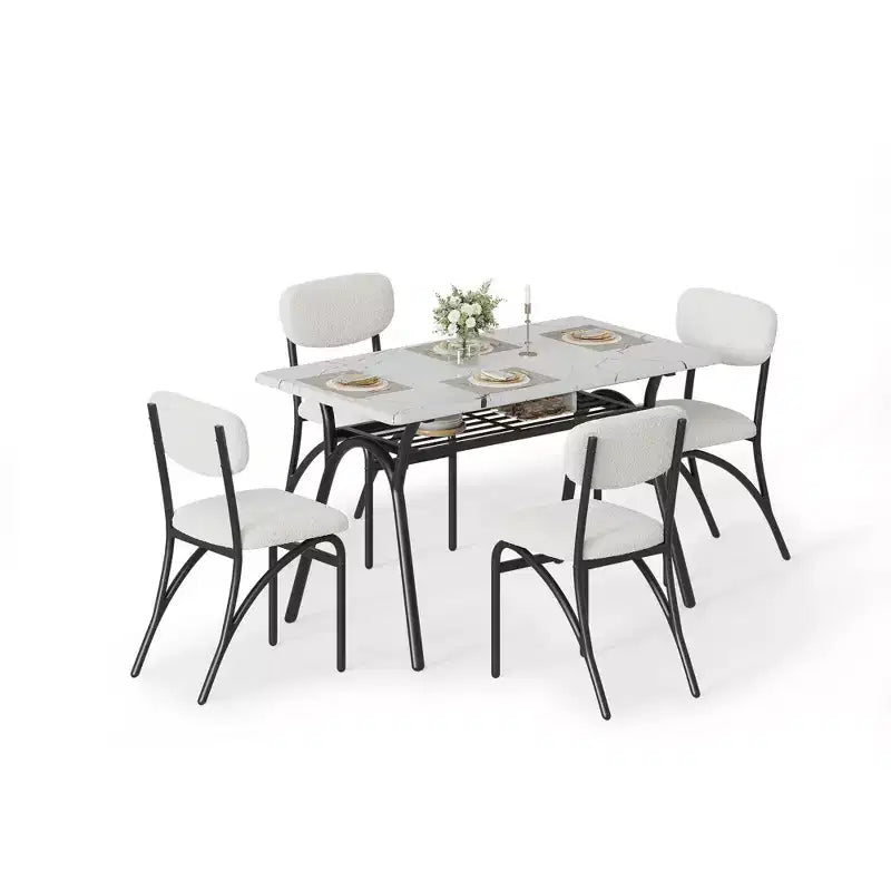 Set da pranzo da 5 pezzi per 4 persone, tavolo da cucina moderno con 4 sedie in bouclé, tavolo da pranzo rettangolare con ripiano portaoggetti per angolo colazione, appartamento