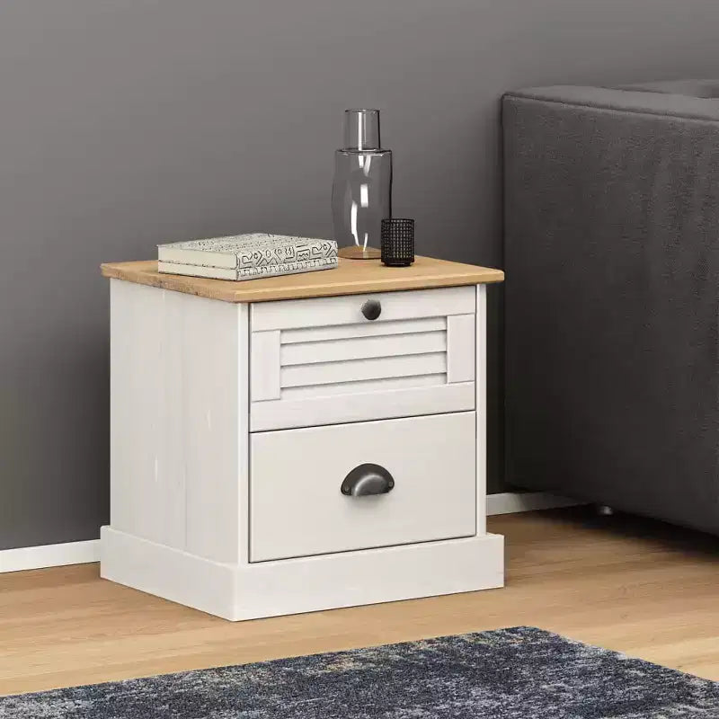 Bedside Cabinet White Solid Pine Wood, Engineered Wood, Metal
