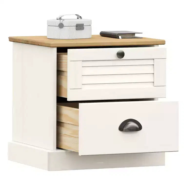Comodino Bianco in Legno Massello di Pino, Legno Ingegnerizzato, Metallo