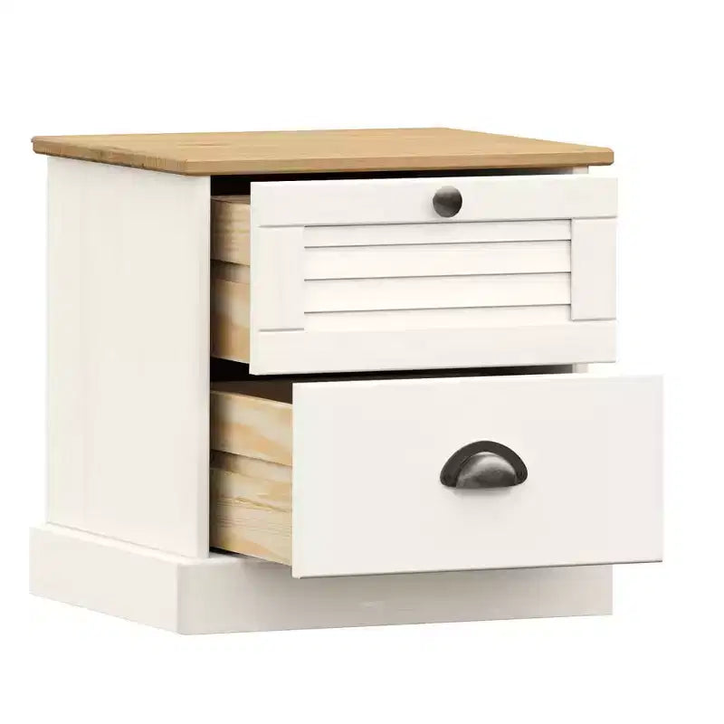 Comodino Bianco in Legno Massello di Pino, Legno Ingegnerizzato, Metallo