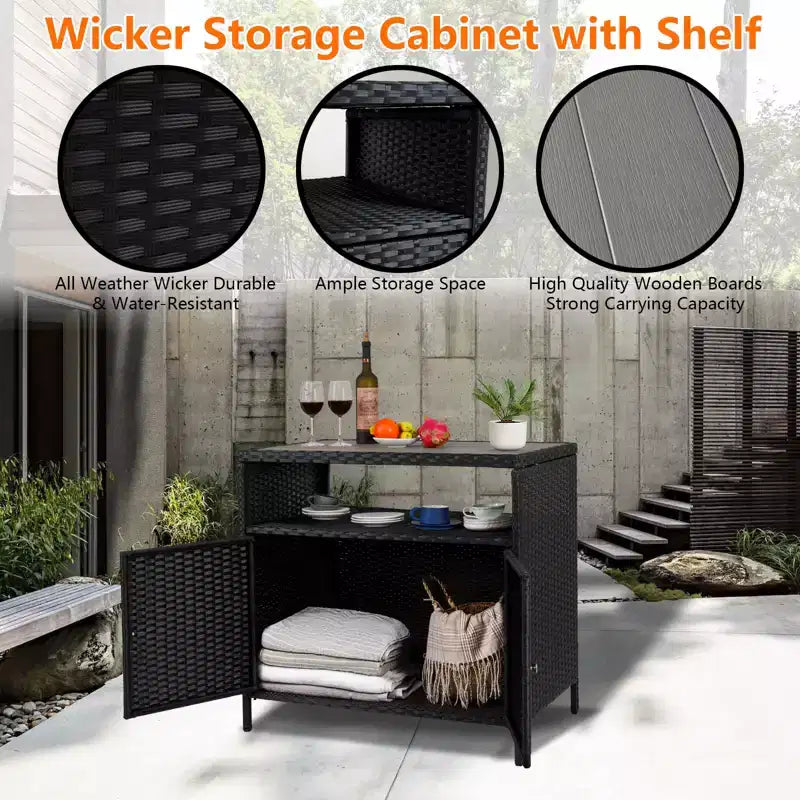Mobiletto Contenitore in Resina Effetto Vimini, Organizer Versatile per Esterni/Interni con Ampio Piano d'Appoggio e Ripiano, Ideale per Patio, Giardino, Bordo Piscina o Cucina