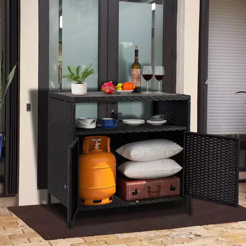 Mobiletto Contenitore in Resina Effetto Vimini, Organizer Versatile per Esterni/Interni con Ampio Piano d'Appoggio e Ripiano, Ideale per Patio, Giardino, Bordo Piscina o Cucina