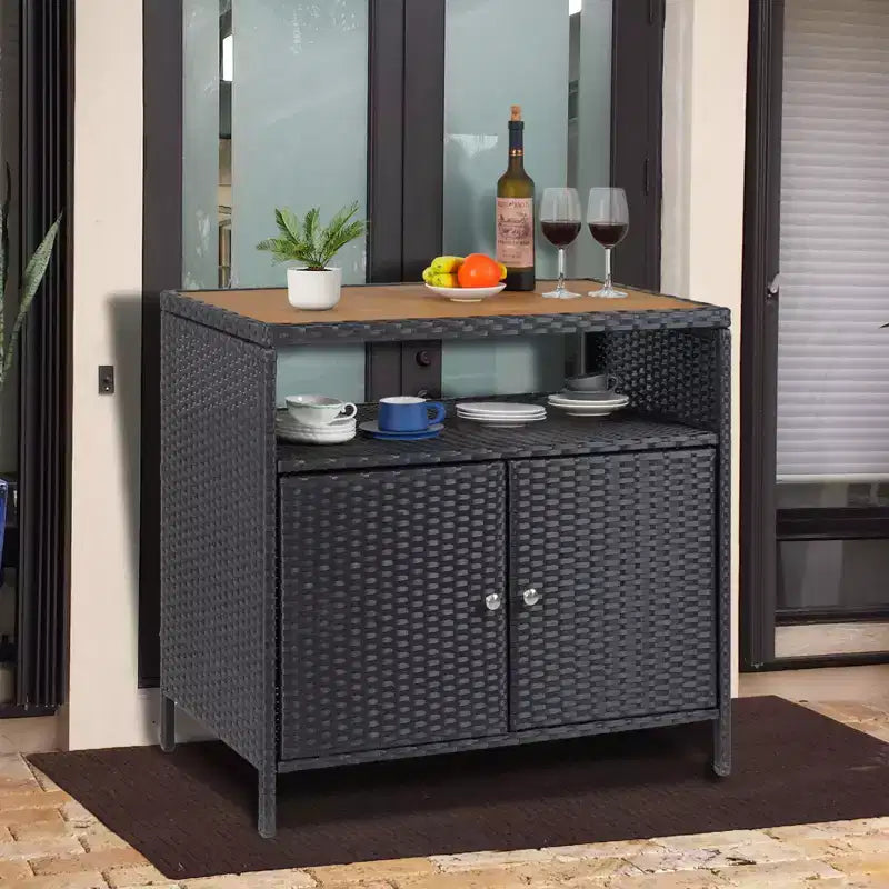 Mobiletto Contenitore in Resina Effetto Vimini, Organizer Versatile per Esterni/Interni con Ampio Piano d'Appoggio e Ripiano, Ideale per Patio, Giardino, Bordo Piscina o Cucina
