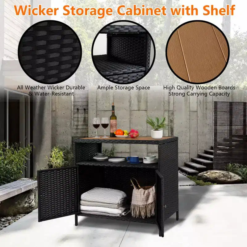 Mobiletto Contenitore in Resina Effetto Vimini, Organizer Versatile per Esterni/Interni con Ampio Piano d'Appoggio e Ripiano, Ideale per Patio, Giardino, Bordo Piscina o Cucina