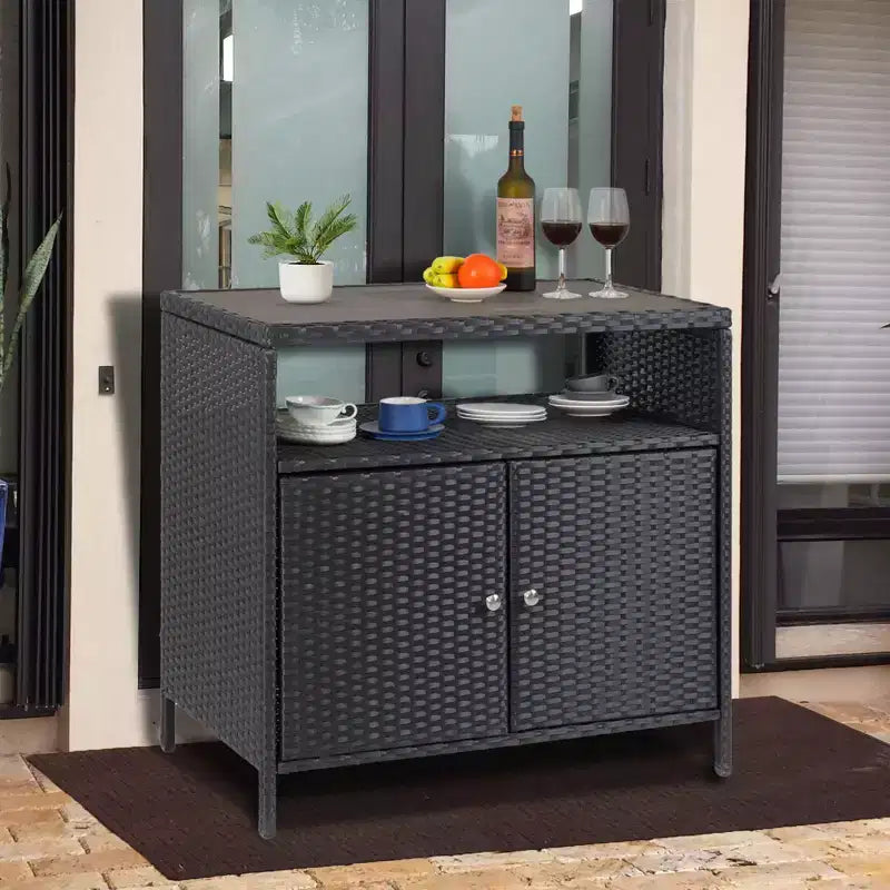 Mobiletto Contenitore in Resina Effetto Vimini, Organizer Versatile per Esterni/Interni con Ampio Piano d'Appoggio e Ripiano, Ideale per Patio, Giardino, Bordo Piscina o Cucina