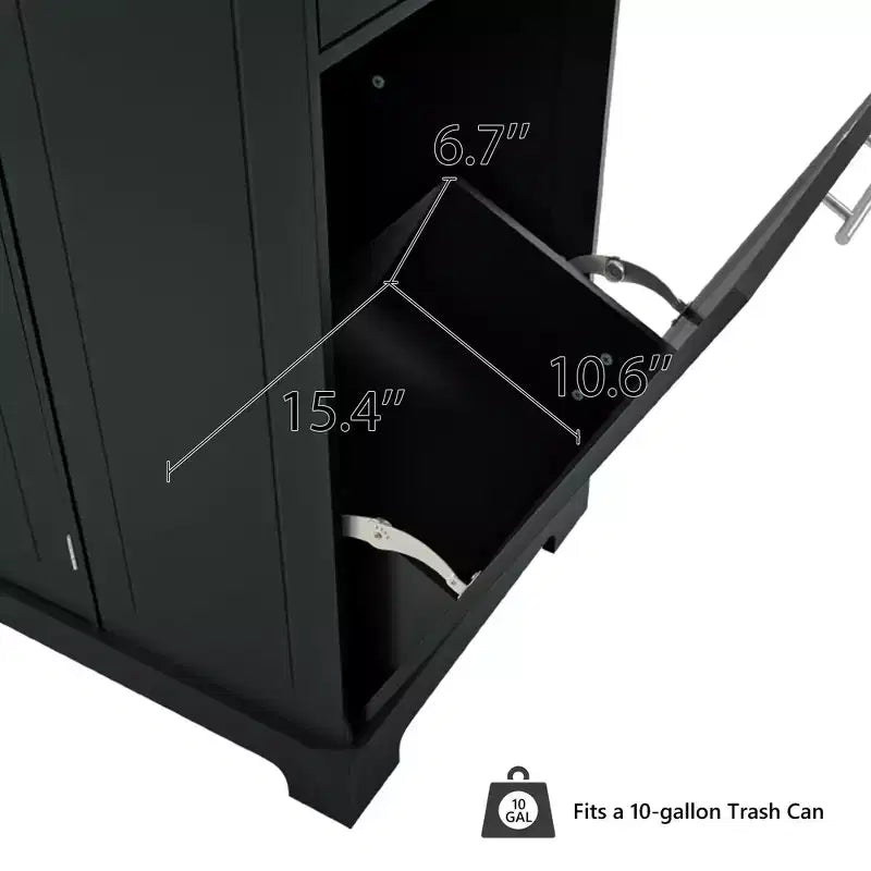Pexfix Isola da Cucina con Mobiletto Porta Pattumiera e Presa di Corrente e Scaffale Portaoggetti e 3 Cassetti e 3 Ripiani Laterali Aperti per Bidone della Spazzatura da 38 Litri Nero