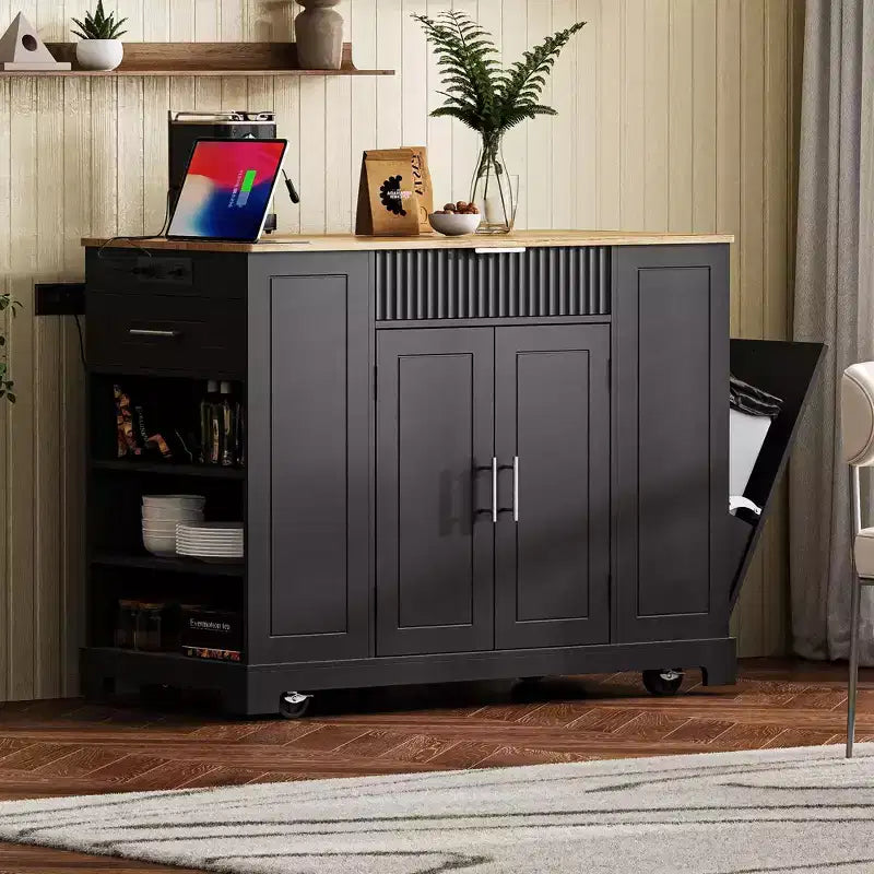Pexfix Isola da Cucina con Mobiletto Porta Pattumiera e Presa di Corrente e Scaffale Portaoggetti e 3 Cassetti e 3 Ripiani Laterali Aperti per Bidone della Spazzatura da 38 Litri Nero