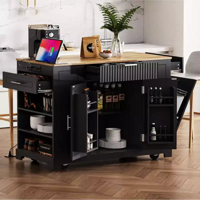 Pexfix Isola da Cucina con Mobiletto Porta Pattumiera e Presa di Corrente e Scaffale Portaoggetti e 3 Cassetti e 3 Ripiani Laterali Aperti per Bidone della Spazzatura da 38 Litri Nero