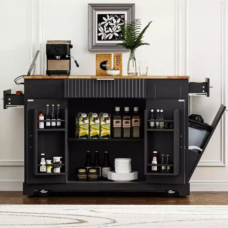 Pexfix Isola da Cucina con Mobiletto Porta Pattumiera e Presa di Corrente e Scaffale Portaoggetti e 3 Cassetti e 3 Ripiani Laterali Aperti per Bidone della Spazzatura da 38 Litri Nero