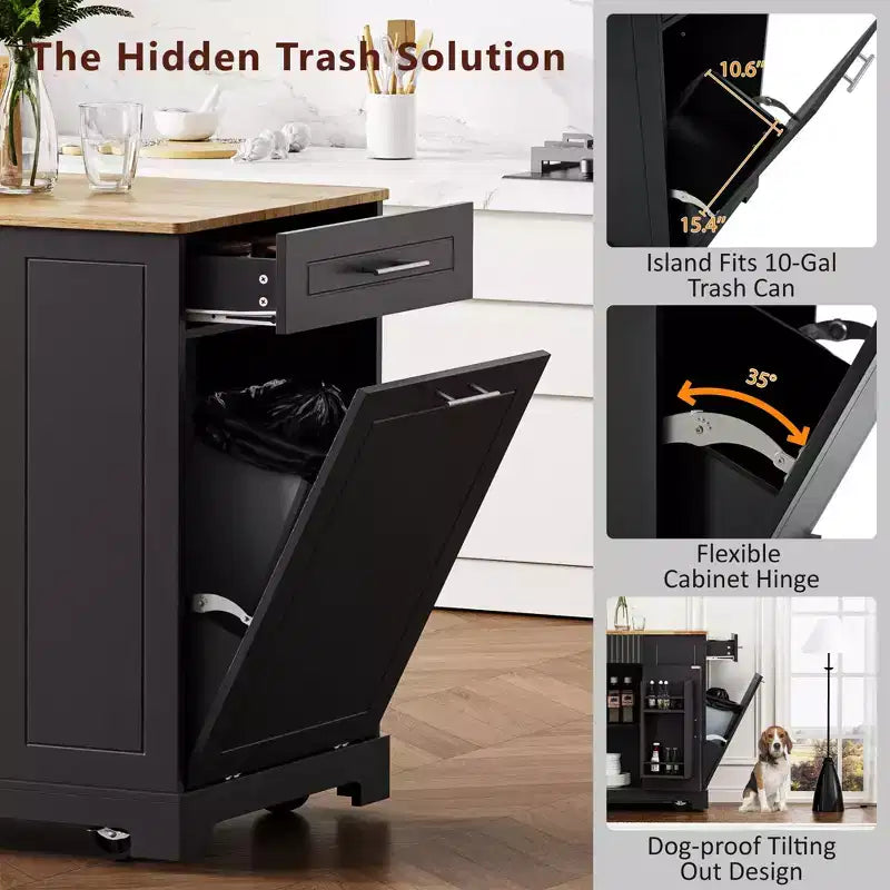 Pexfix Isola da Cucina con Mobiletto Porta Pattumiera e Presa di Corrente e Scaffale Portaoggetti e 3 Cassetti e 3 Ripiani Laterali Aperti per Bidone della Spazzatura da 38 Litri Nero