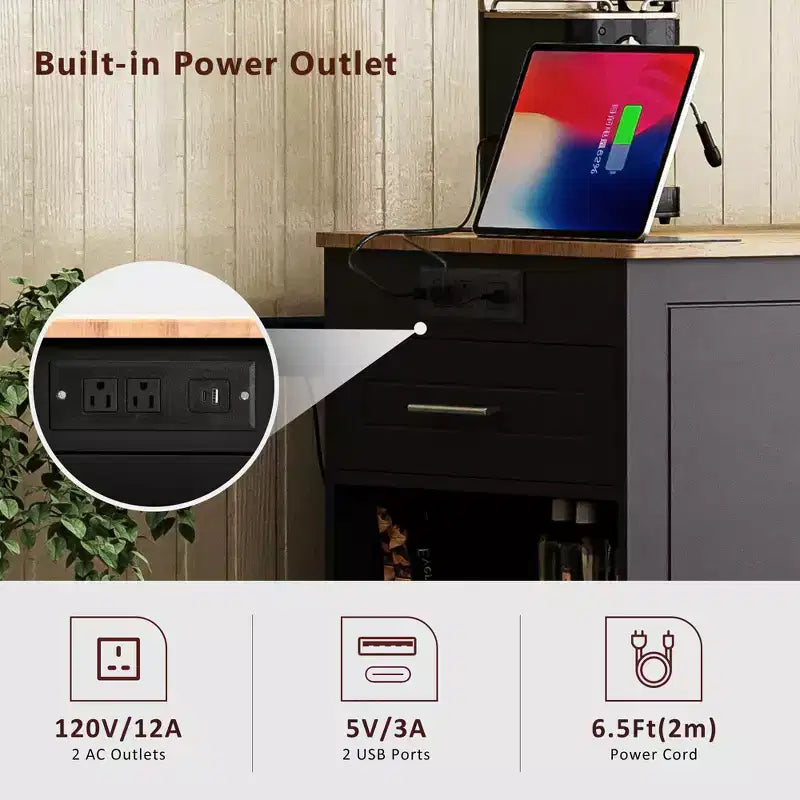 Pexfix Isola da Cucina con Mobiletto Porta Pattumiera e Presa di Corrente e Scaffale Portaoggetti e 3 Cassetti e 3 Ripiani Laterali Aperti per Bidone della Spazzatura da 38 Litri Nero
