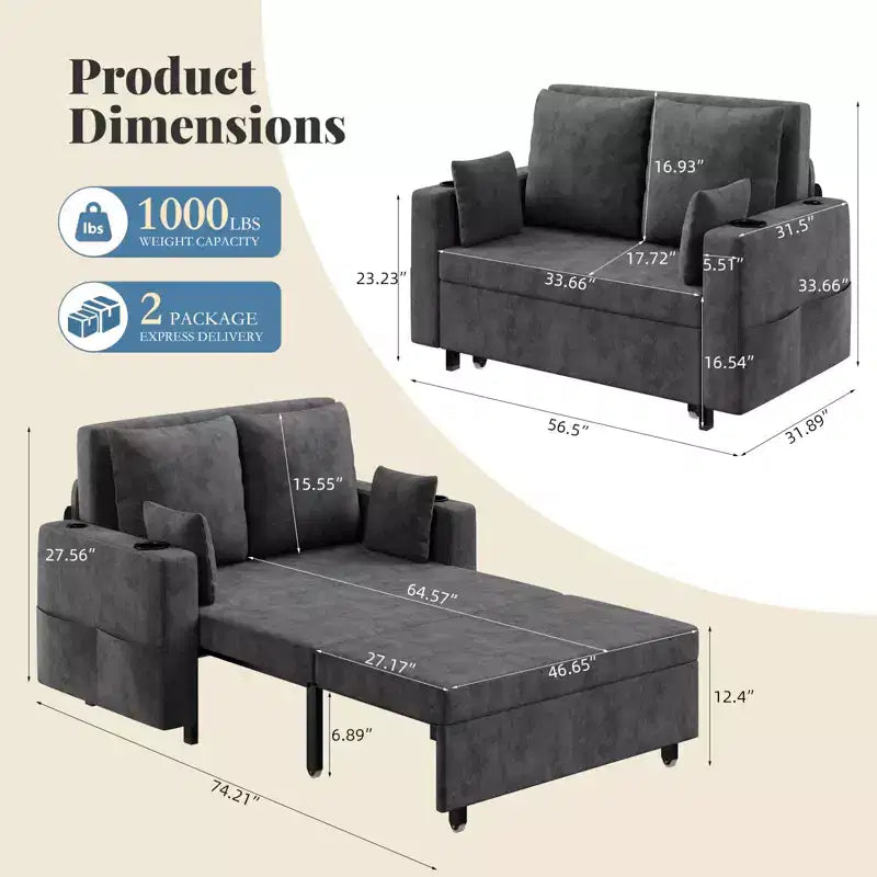 Divano letto estraibile 3-in-1, Divano letto a 2 posti, Divano letto estraibile full-size con portabicchieri, per soggiorno, camera da letto, appartamento
