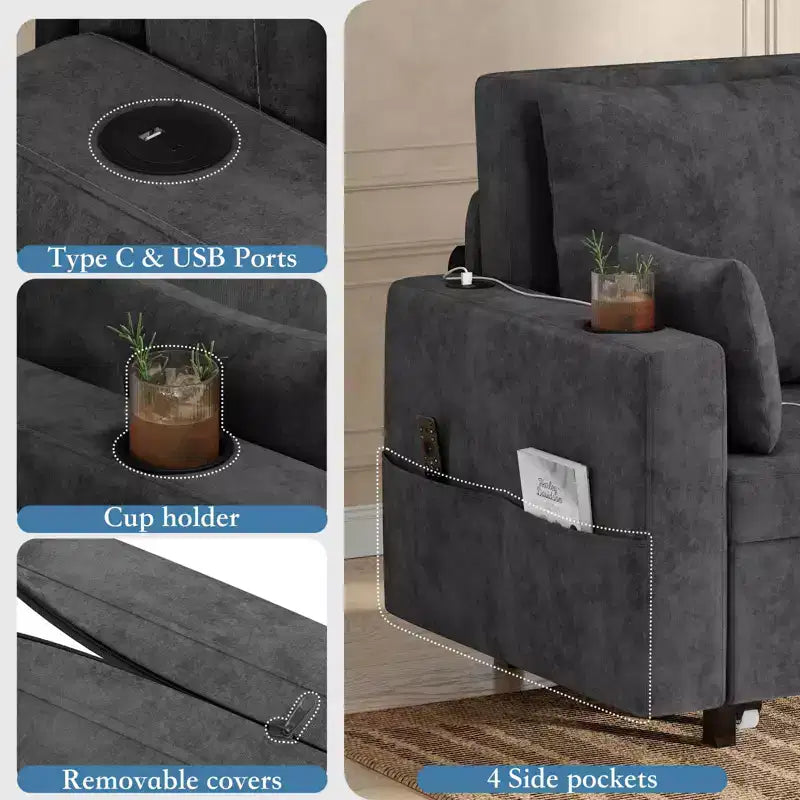 Divano letto estraibile 3-in-1, Divano letto a 2 posti, Divano letto estraibile full-size con portabicchieri, per soggiorno, camera da letto, appartamento