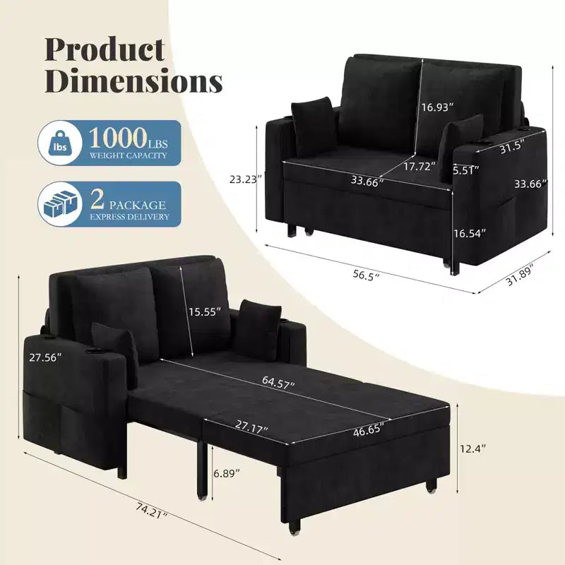 Divano letto estraibile 3-in-1, Divano letto a 2 posti, Divano letto estraibile full-size con portabicchieri, per soggiorno, camera da letto, appartamento