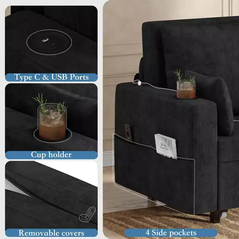 Divano letto estraibile 3-in-1, Divano letto a 2 posti, Divano letto estraibile full-size con portabicchieri, per soggiorno, camera da letto, appartamento