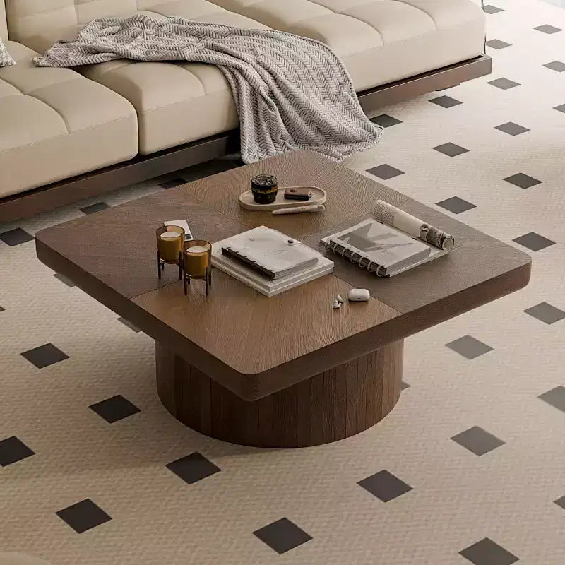 Tavolino quadrato scanalato Okak Vintage con motivo a parquet, tavolino centrale in impiallacciatura di legno massello per soggiorno, camera da letto