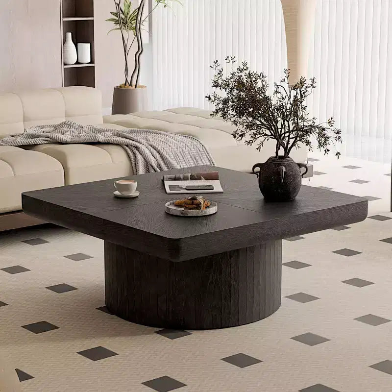 Tavolino quadrato scanalato Okak Vintage con motivo a parquet, tavolino centrale in impiallacciatura di legno massello per soggiorno, camera da letto