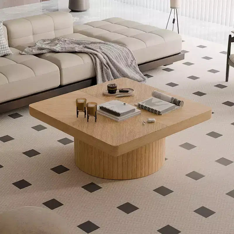 Tavolino quadrato scanalato Okak Vintage con motivo a parquet, tavolino centrale in impiallacciatura di legno massello per soggiorno, camera da letto