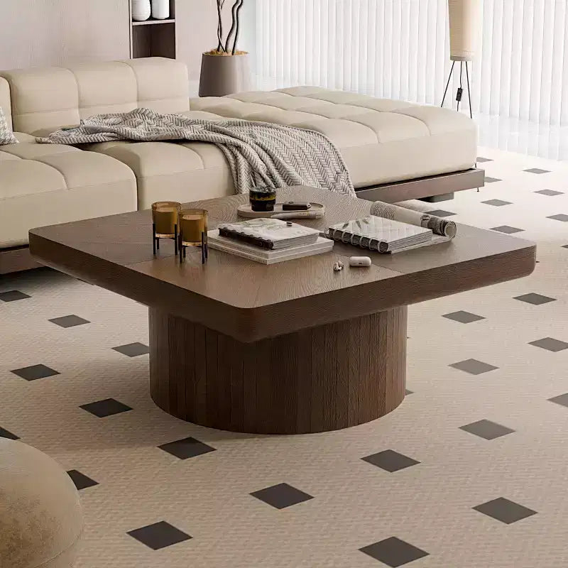 Tavolino quadrato scanalato Okak Vintage con motivo a parquet, tavolino centrale in impiallacciatura di legno massello per soggiorno, camera da letto