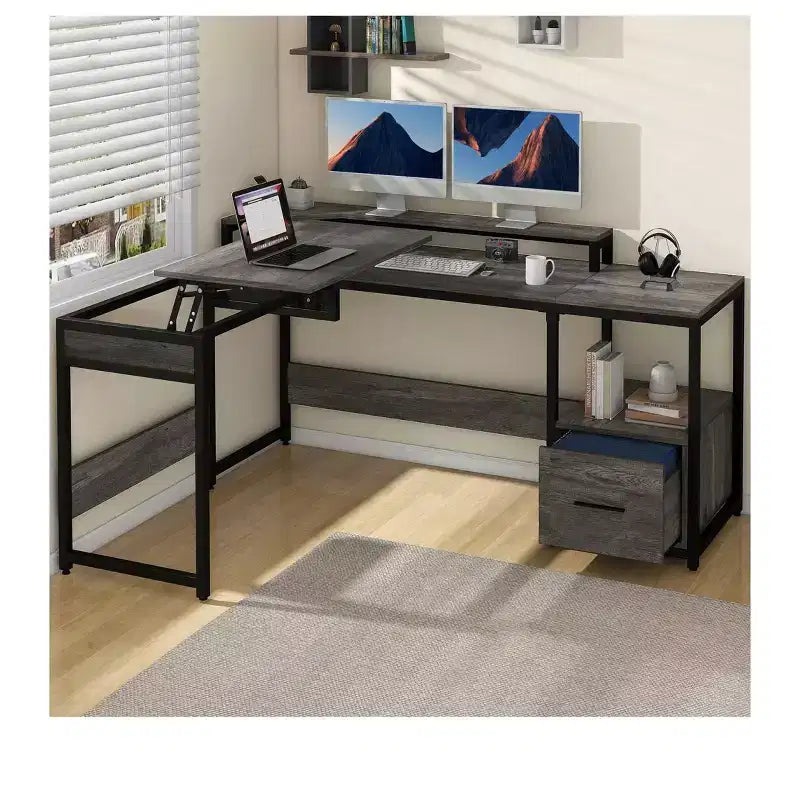 Scrivania a L da 65 pollici con piano sollevabile, scrivania angolare per computer, scrivania da ufficio con cassetto portadocumenti per l'ufficio di casa