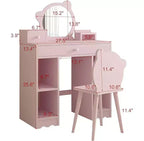 Set da Toilette e Sgabello 2-in-1 con Cassetti e Scaffali Aperti, Specchio e Sgabello a Forma di Orso, Tavolino da Trucco per Camera da Letto, Rosa