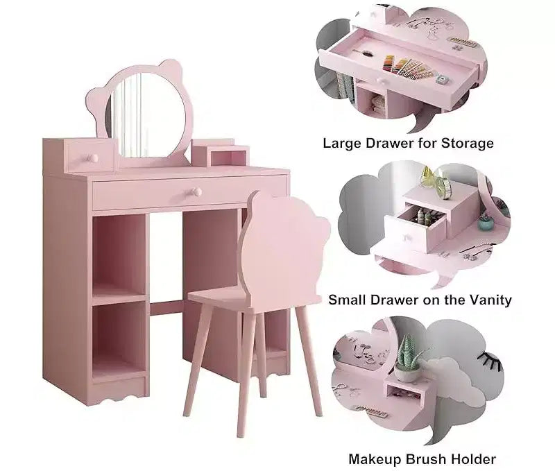 Set da Toilette e Sgabello 2-in-1 con Cassetti e Scaffali Aperti, Specchio e Sgabello a Forma di Orso, Tavolino da Trucco per Camera da Letto, Rosa