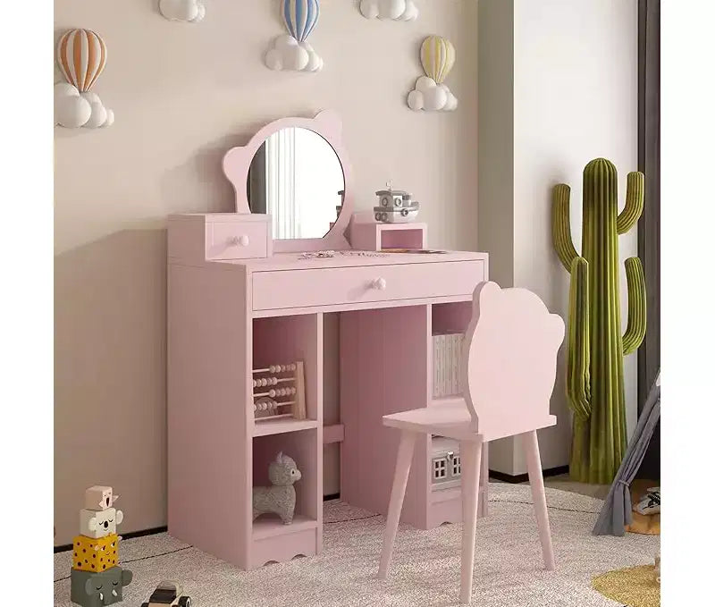 Set da Toilette e Sgabello 2-in-1 con Cassetti e Scaffali Aperti, Specchio e Sgabello a Forma di Orso, Tavolino da Trucco per Camera da Letto, Rosa