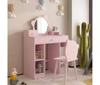 Set da Toilette e Sgabello 2-in-1 con Cassetti e Scaffali Aperti, Specchio e Sgabello a Forma di Orso, Tavolino da Trucco per Camera da Letto, Rosa