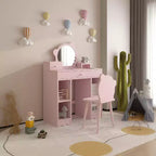 Set da Toilette e Sgabello 2-in-1 con Cassetti e Scaffali Aperti, Specchio e Sgabello a Forma di Orso, Tavolino da Trucco per Camera da Letto, Rosa