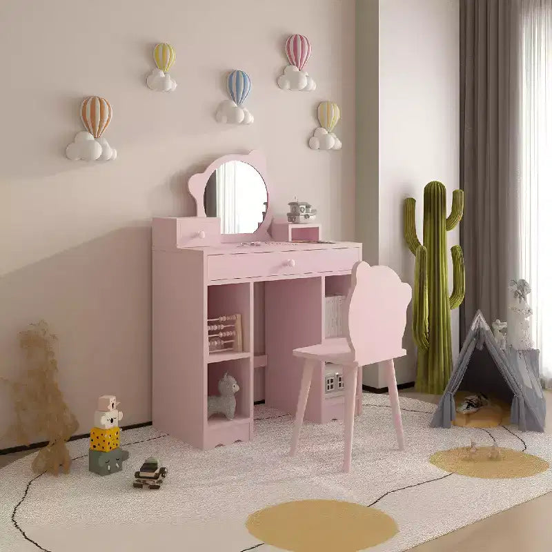Set da Toilette e Sgabello 2-in-1 con Cassetti e Scaffali Aperti, Specchio e Sgabello a Forma di Orso, Tavolino da Trucco per Camera da Letto, Rosa