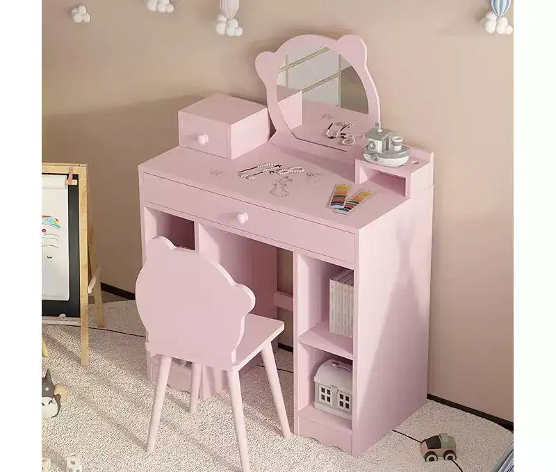Set da Toilette e Sgabello 2-in-1 con Cassetti e Scaffali Aperti, Specchio e Sgabello a Forma di Orso, Tavolino da Trucco per Camera da Letto, Rosa