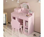 Set da Toilette e Sgabello 2-in-1 con Cassetti e Scaffali Aperti, Specchio e Sgabello a Forma di Orso, Tavolino da Trucco per Camera da Letto, Rosa