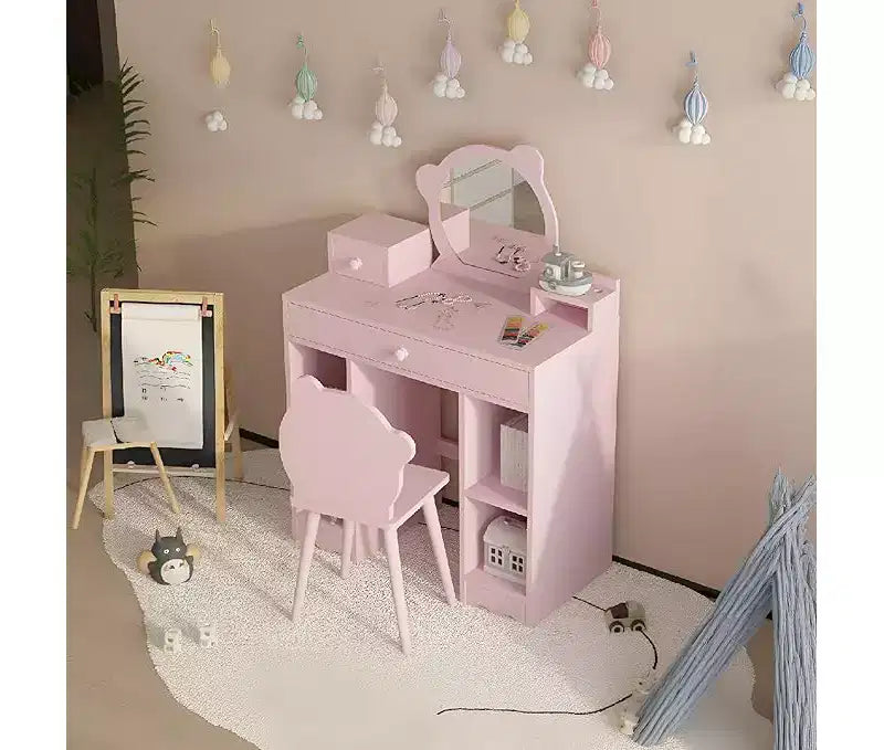 Set da Toilette e Sgabello 2-in-1 con Cassetti e Scaffali Aperti, Specchio e Sgabello a Forma di Orso, Tavolino da Trucco per Camera da Letto, Rosa