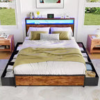 Struttura letto a piattaforma in metallo Queen con 6 cassetti portaoggetti, testiera con libreria, stazione di ricarica, luci a LED, supporto resistente, nessun box spring necessario