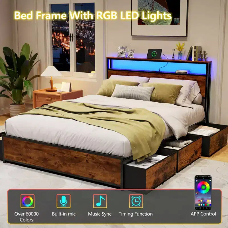 Struttura letto a piattaforma in metallo Queen con 6 cassetti portaoggetti, testiera con libreria, stazione di ricarica, luci a LED, supporto resistente, nessun box spring necessario