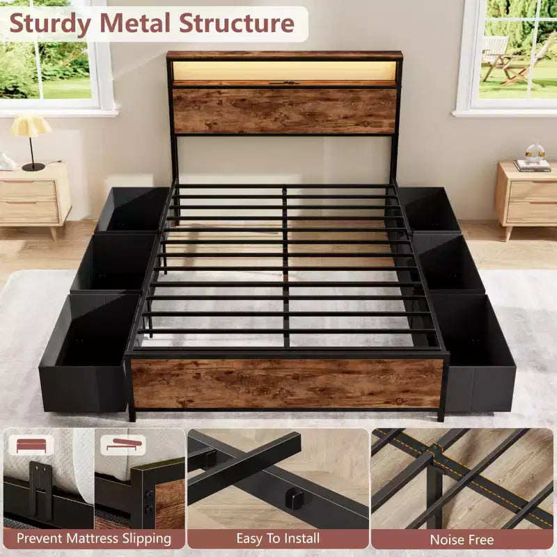Struttura letto a piattaforma in metallo Queen con 6 cassetti portaoggetti, testiera con libreria, stazione di ricarica, luci a LED, supporto resistente, nessun box spring necessario