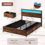 Struttura letto a piattaforma in metallo Queen con 6 cassetti portaoggetti, testiera con libreria, stazione di ricarica, luci a LED, supporto resistente, nessun box spring necessario