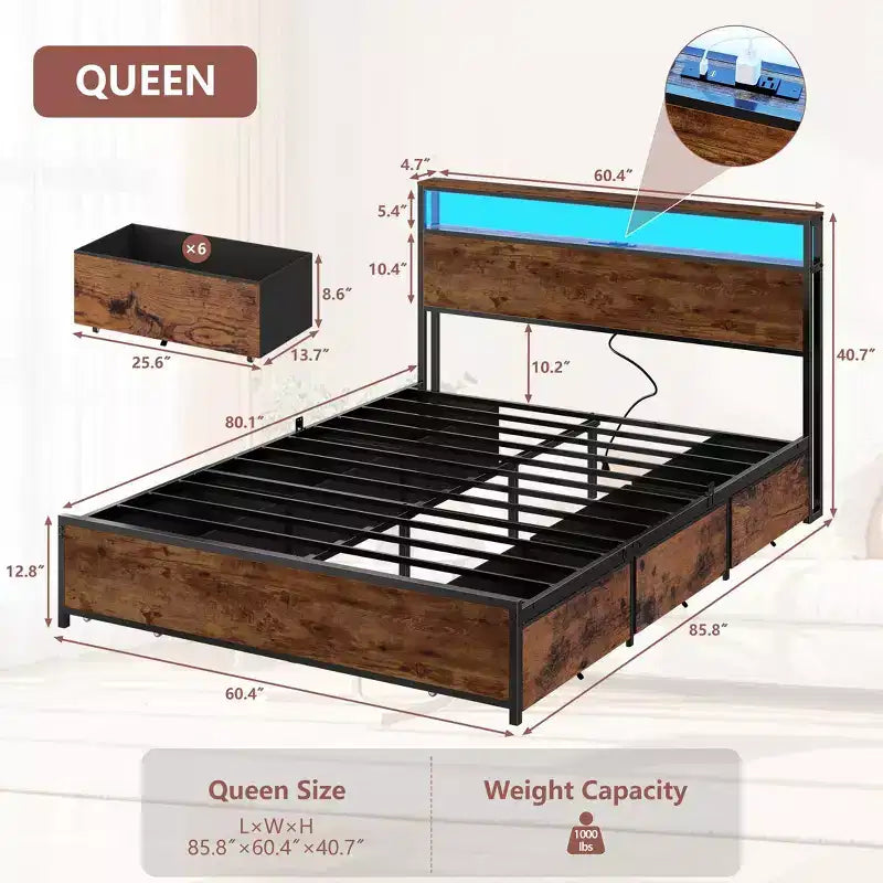 Struttura letto a piattaforma in metallo Queen con 6 cassetti portaoggetti, testiera con libreria, stazione di ricarica, luci a LED, supporto resistente, nessun box spring necessario
