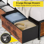 Struttura letto a piattaforma in metallo Queen con 6 cassetti portaoggetti, testiera con libreria, stazione di ricarica, luci a LED, supporto resistente, nessun box spring necessario