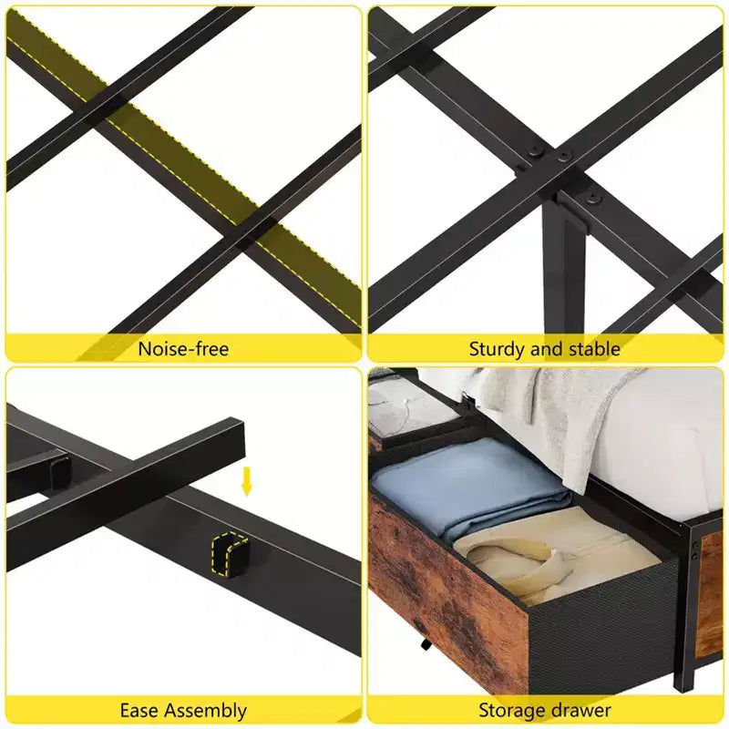 Struttura letto a piattaforma in metallo Queen con 6 cassetti portaoggetti, testiera con libreria, stazione di ricarica, luci a LED, supporto resistente, nessun box spring necessario