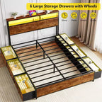 Struttura letto a piattaforma in metallo Queen con 6 cassetti portaoggetti, testiera con libreria, stazione di ricarica, luci a LED, supporto resistente, nessun box spring necessario
