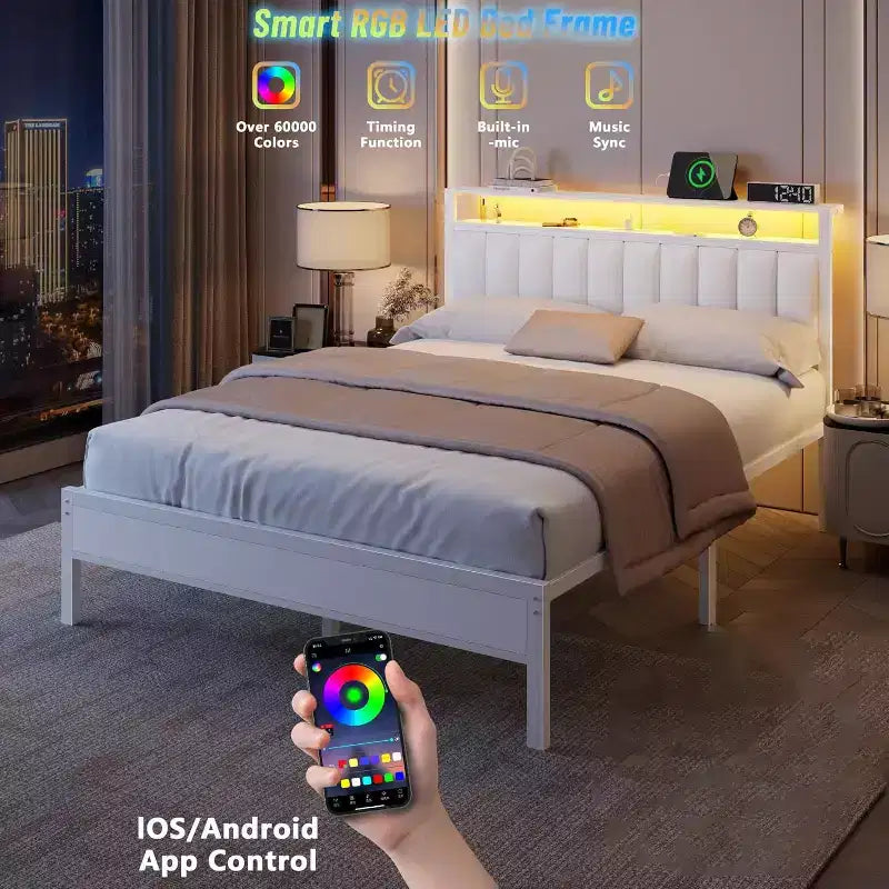 Struttura Letto Matrimoniale Queen Size Bianca con Luci LED, Stazione di Ricarica, Ecopelle Imbottita, Testiera con Mensola Contenitore, Piattaforma, Nessuna Necessità di Rete, Moderna