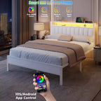 Struttura Letto Matrimoniale Queen Size Bianca con Luci LED, Stazione di Ricarica, Ecopelle Imbottita, Testiera con Mensola Contenitore, Piattaforma, Nessuna Necessità di Rete, Moderna