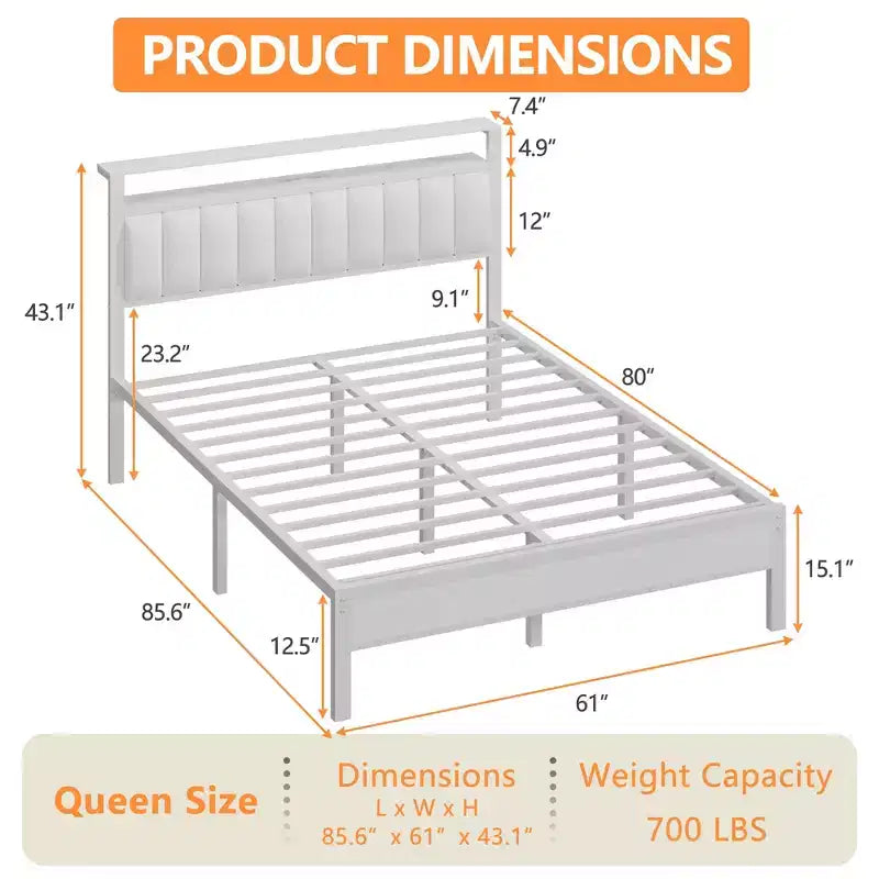 Struttura Letto Matrimoniale Queen Size Bianca con Luci LED, Stazione di Ricarica, Ecopelle Imbottita, Testiera con Mensola Contenitore, Piattaforma, Nessuna Necessità di Rete, Moderna