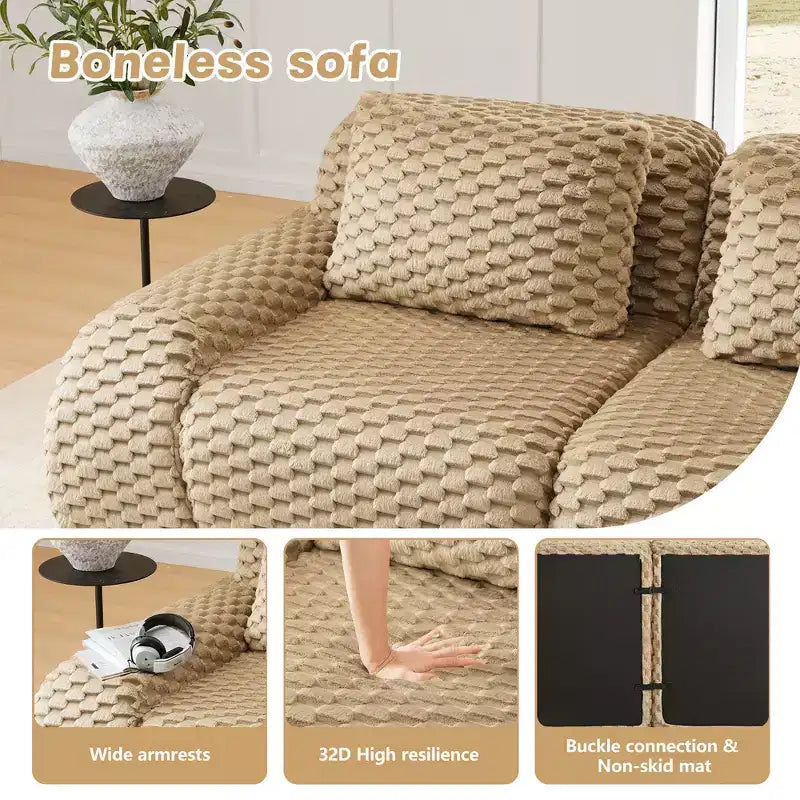 Divano modulare a U in flanella 146 posti con pouf a fibbia, nessun assemblaggio richiesto, color cammello chiaro