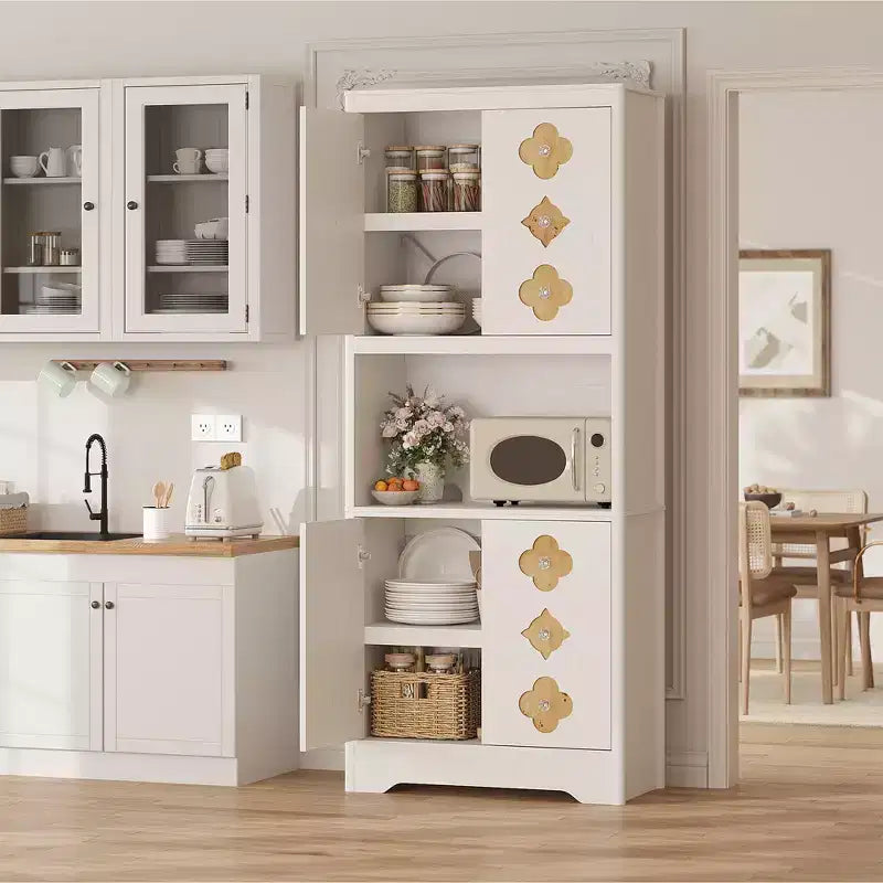 Mobile dispensa da cucina, armadio contenitore alto 182 cm con piano di lavoro, credenza indipendente in legno con anta intagliata e maniglia in cristallo, per sala da pranzo