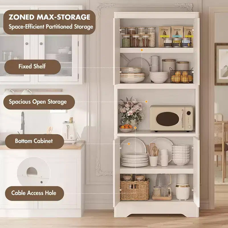 Mobile dispensa da cucina, armadio contenitore alto 182 cm con piano di lavoro, credenza indipendente in legno con anta intagliata e maniglia in cristallo, per sala da pranzo